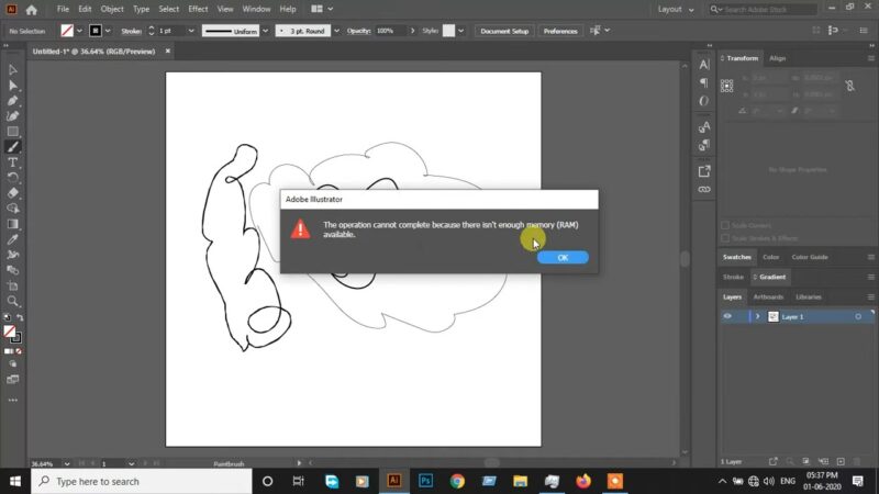 Adobe illustrator The opeation cannot complete becouse there isn`t enought memory(RAM) available